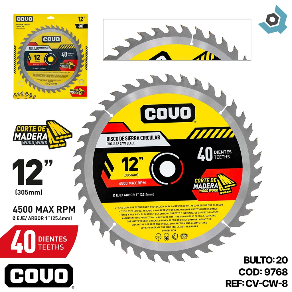 DISCO DE SIERRA 12" PARA MADERA COVO