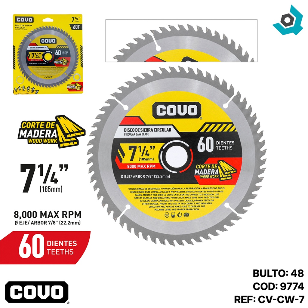 DISCO DE SIERRA 7 1/4" CIRCULAR COVO