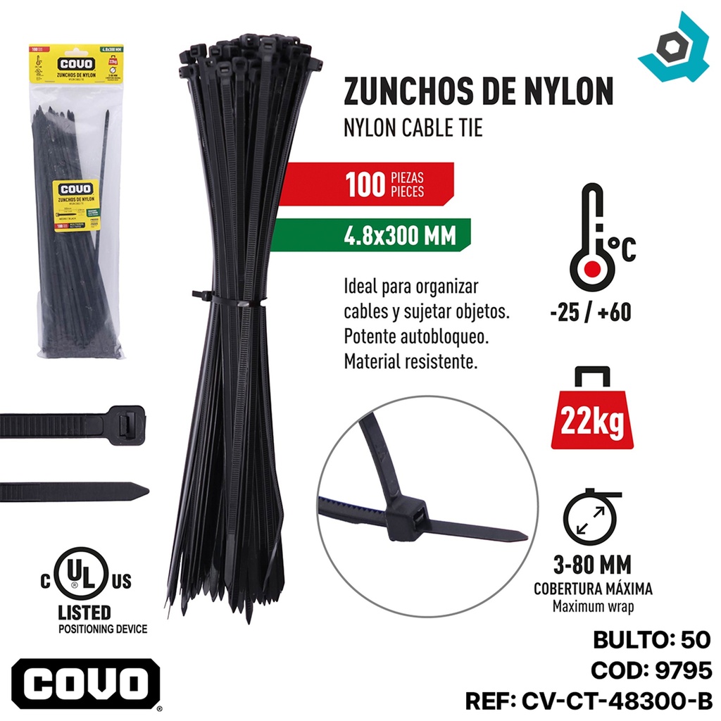 TIRRAJE NYLON NEGRO 4.8-300MM 100PZAS COVO