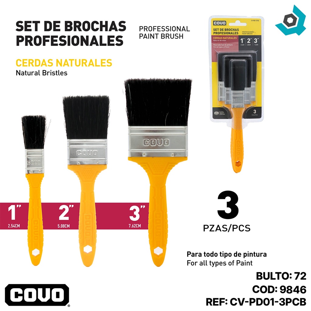 JUEGO DE BROCHAS PARA PINTAR 3 PIEZAS NEGRO COVO
