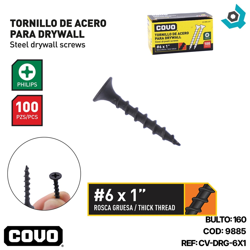 TORNILLO DRYWALL #6 X 1" ROSCA GRUESA 100PZA COVO