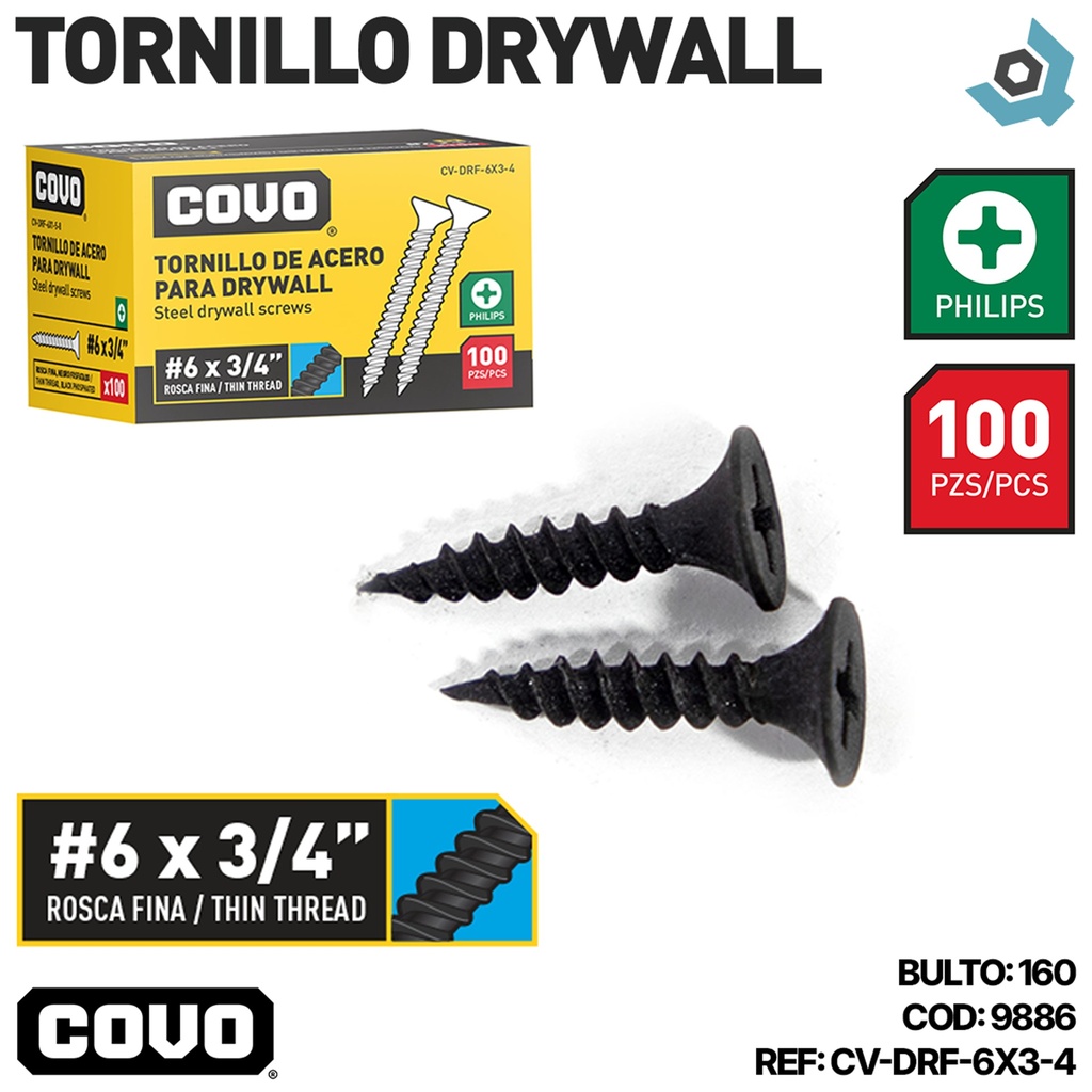 TORNILLO DRYWALL #6 X 3/4" ROSCA FINA 100PZA COVO