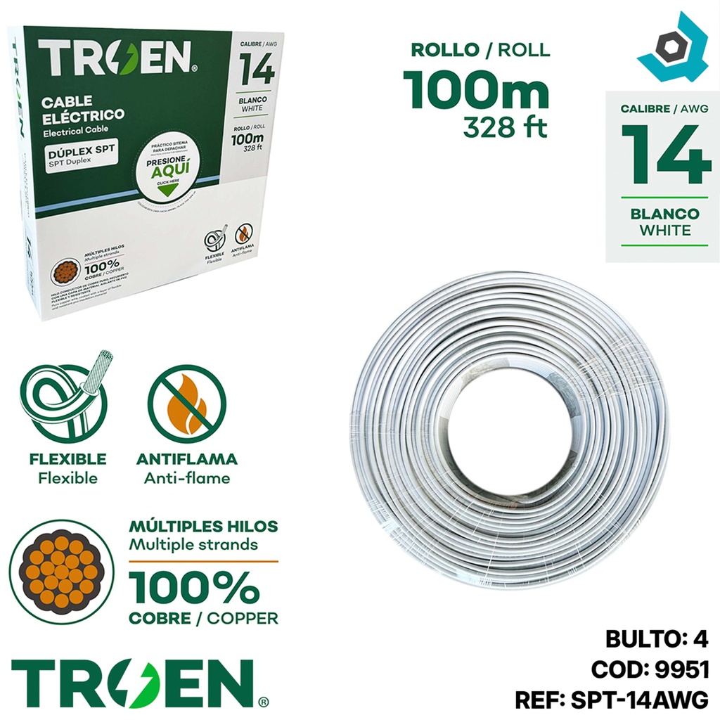 CABLE ELECTRICO 14 AWG X2 100M BLANCO TROEN