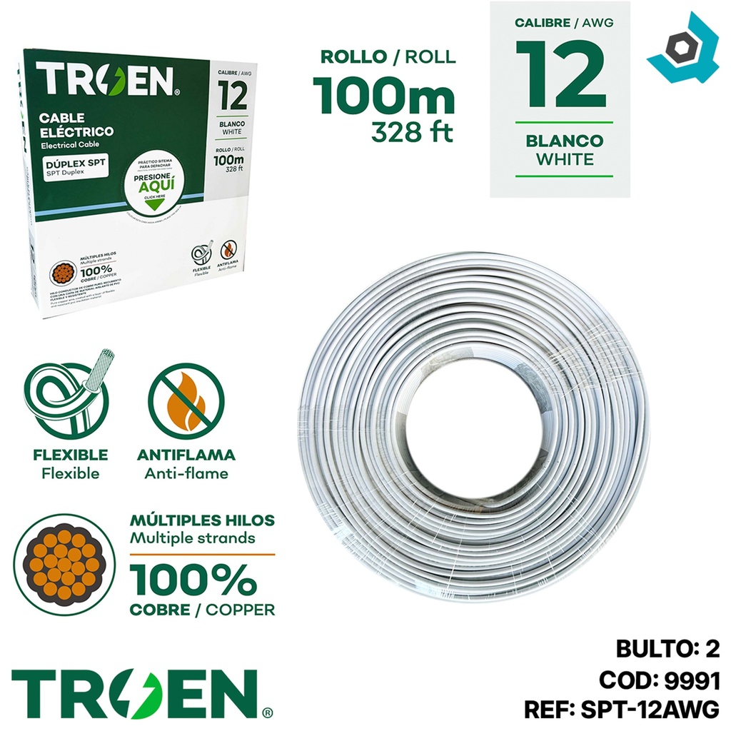 CABLE ELECTRICO 12 AWG X2 100M BLANCO TROEN