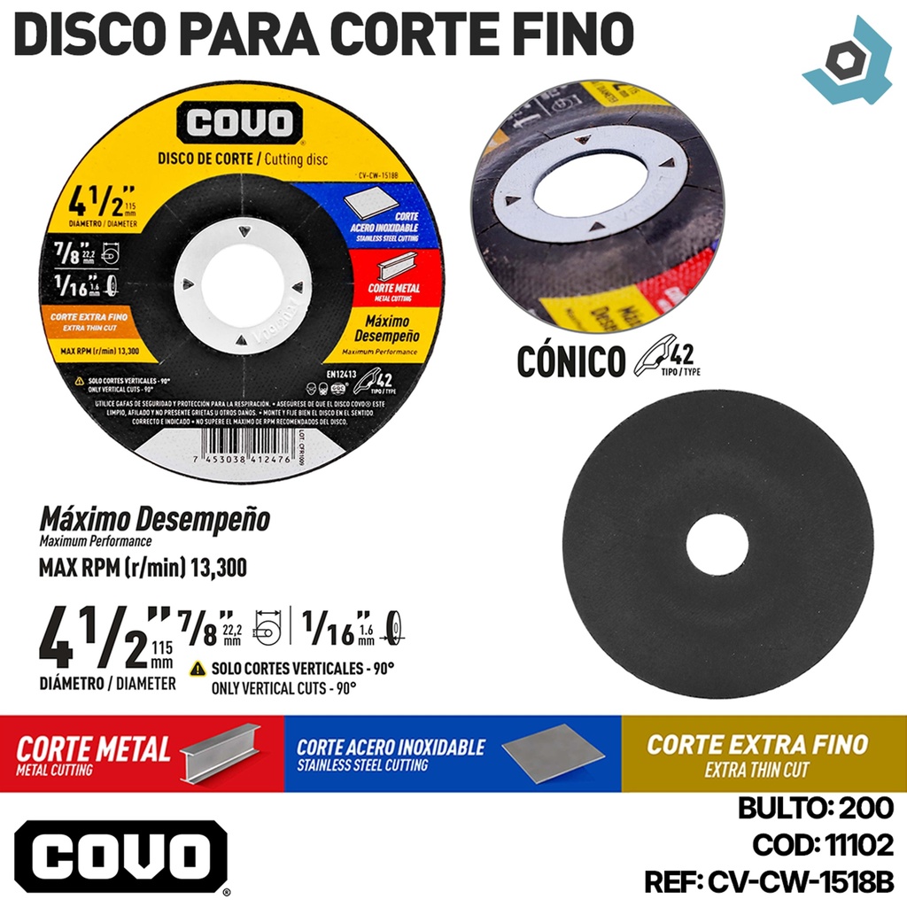 DISCO PARA CORTE FINO 4 1/2" PARA CORTE EN METAL COVO