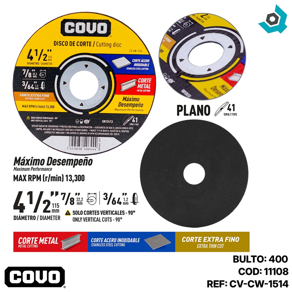 DISCO PARA CORTE EN METAL 4 1/2" EXTRA FINO COVO