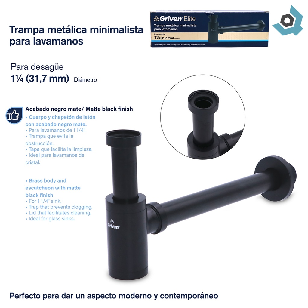 SIFON PARA LAVAMANOS 1 1/4" METALICO NEGRO GRIVEN ELITE