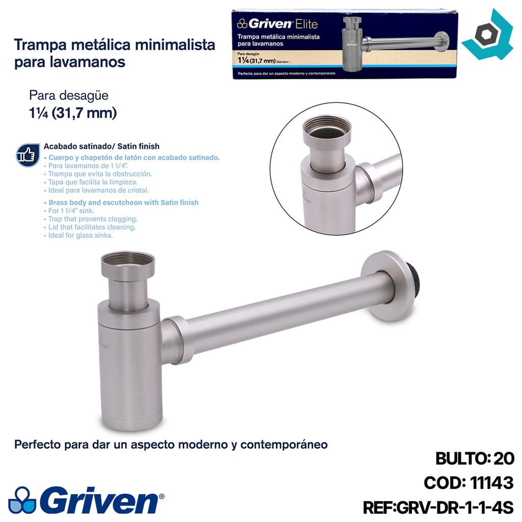 SIFON PARA LAVAMANOS 1 1/4" METALICO SATINADO GRIVEN ELITE