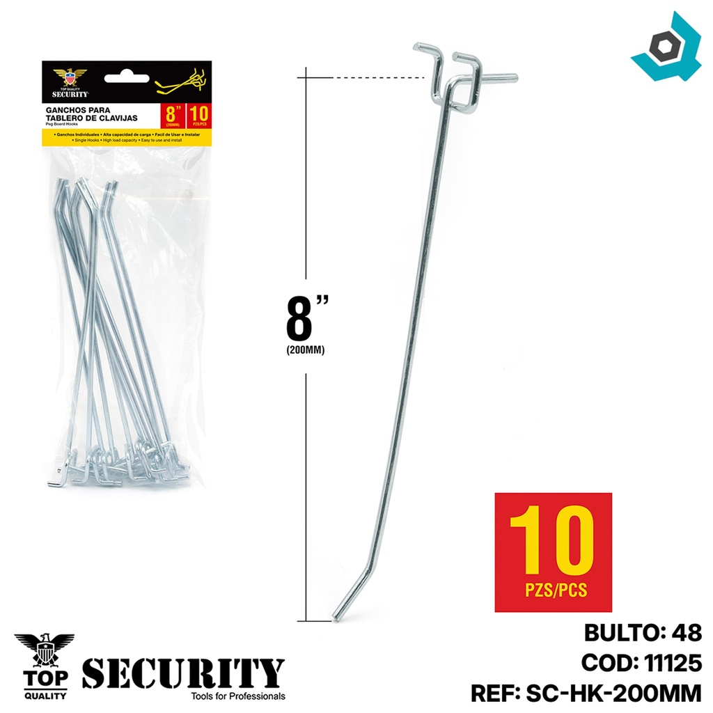 GANCHOS PARA TABLEROS DE CLAVIJA 8" 10 PIEZAS SECURITY