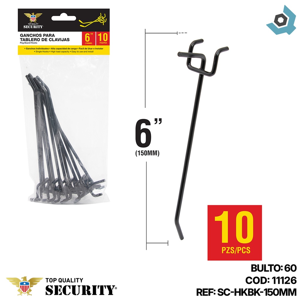 GANCHOS PARA TABLEROS DE CLAVIJA 6" NEGRAS 10 PIEZAS SECURITY