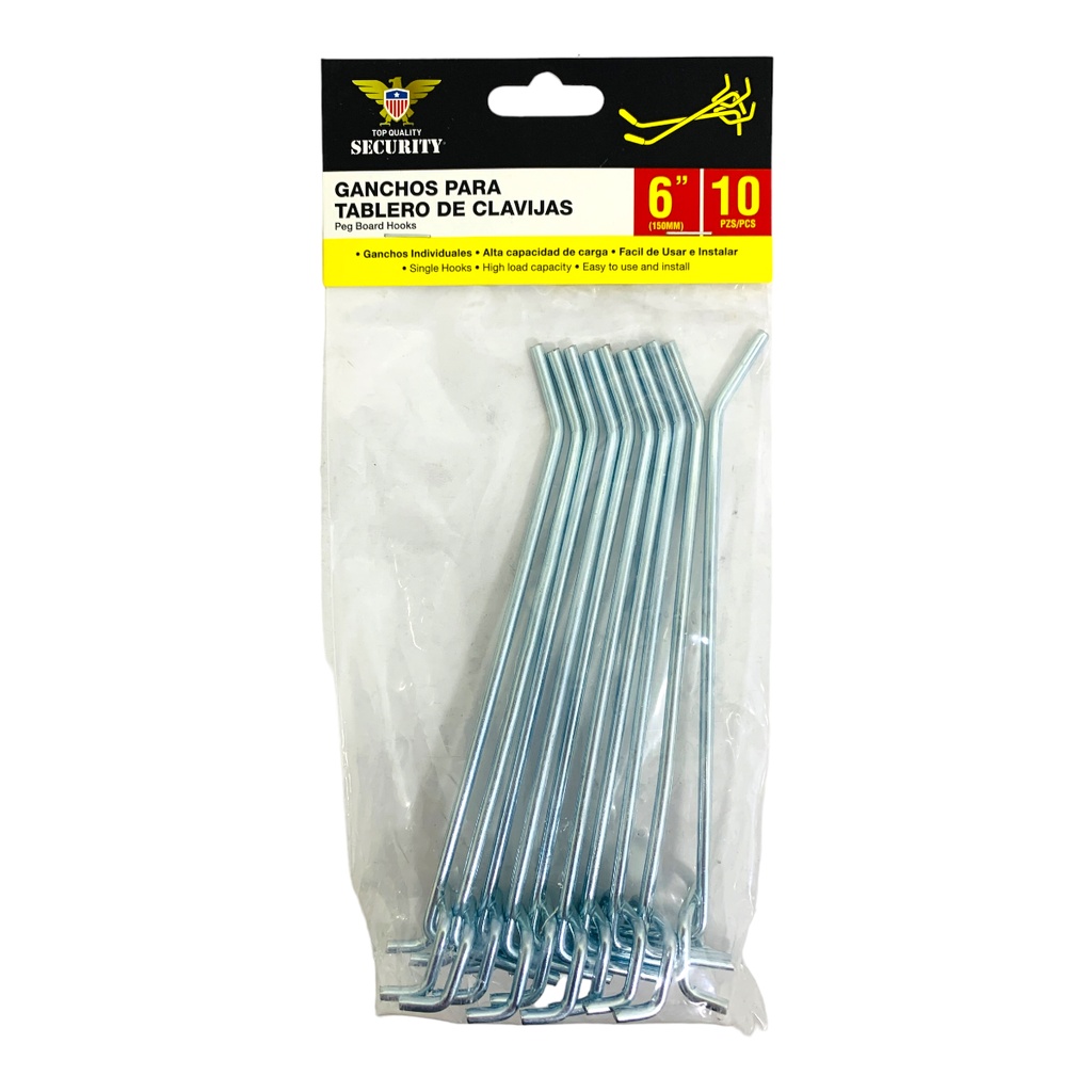 GANCHOS PARA TABLEROS DE CLAVIJA 6" 10 PIEZAS SECURITY