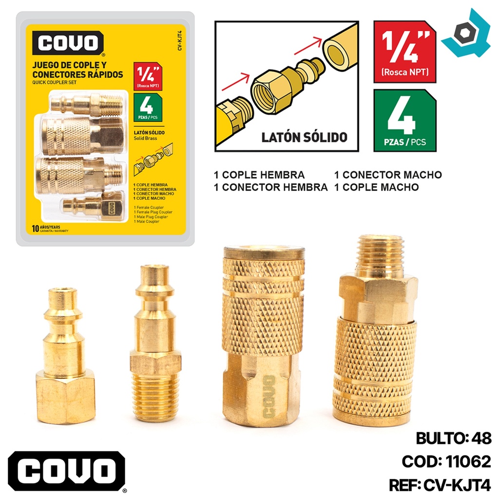 JUEGO DE COPLE Y CONECTORES RAPIDOS 1/4" 4 PIEZAS COVO