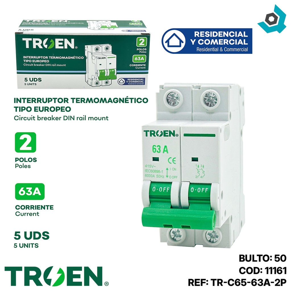 BREAKER TERMOMAGNETICO 63A 2P TIPO EUROPEO TROEN
