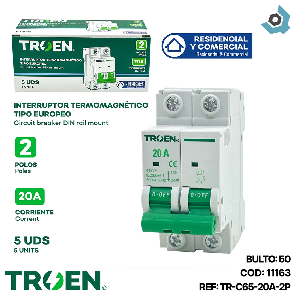 BREAKER TERMOMAGNETICO 20A 2P TIPO EUROPEO TROEN