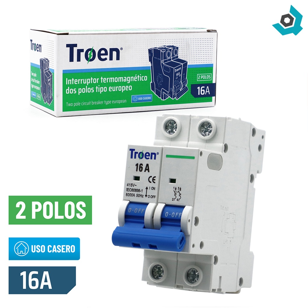 BREAKER TERMOMAGNETICO 16A 2P TIPO EUROPEO TROEN