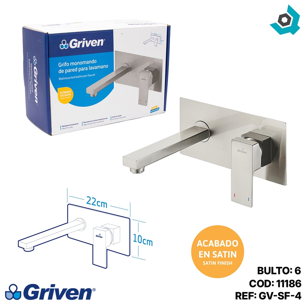 GRIFERIA MONOMANDO PARA LAVAMANOS DE PARED SATINADO GRIVEN