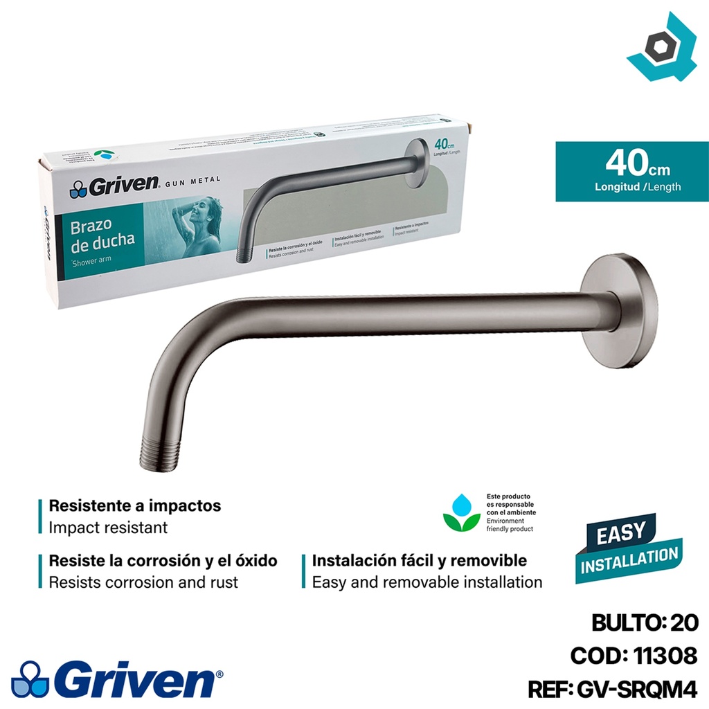 BRAZO DE DUCHA 40CM GRIS METALICO GRIVEN GUN METAL
