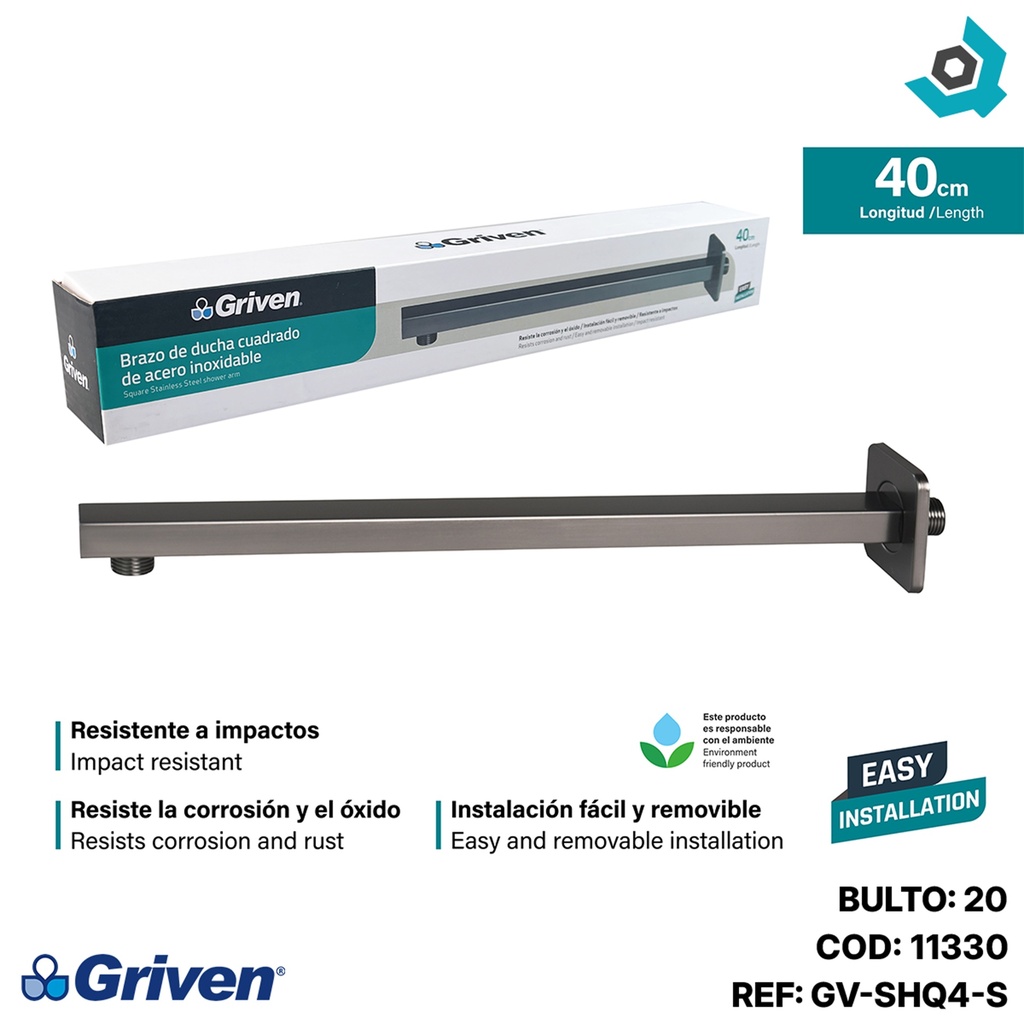 BRAZO DE DUCHA CUADRADO 40CM GRIS METALICO GRIVEN GUN METAL