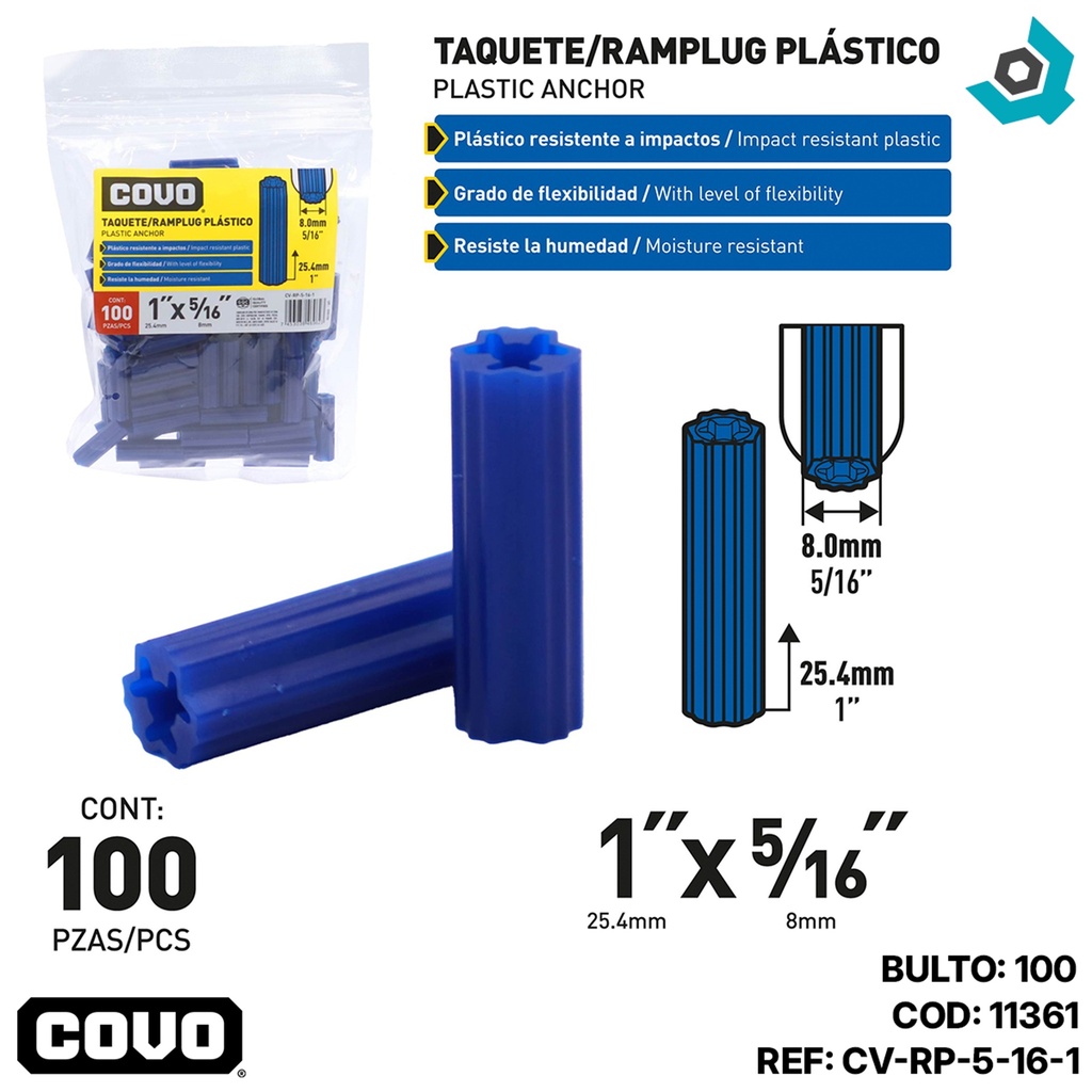 RAMPLUG PLASTICO 1" X 5/16 100 PIEZAS COVO