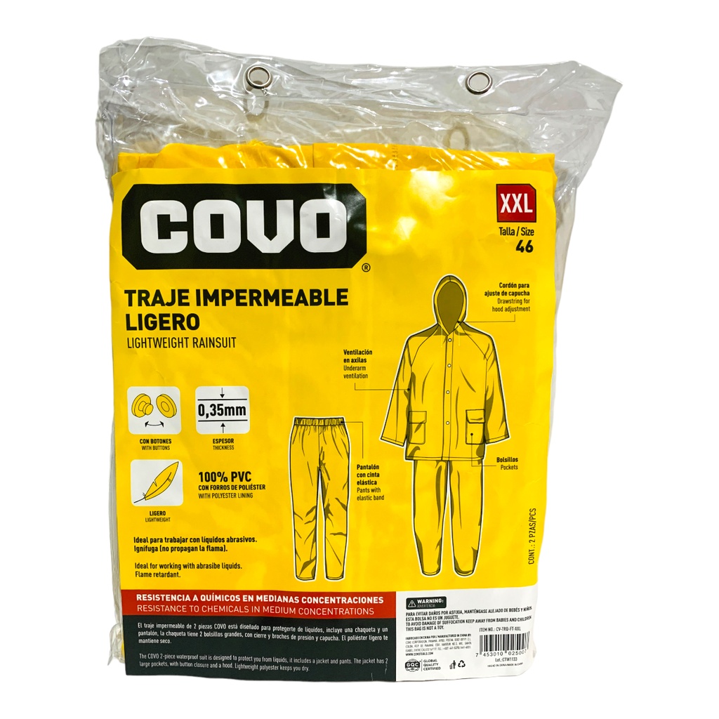 TRAJE IMPERMEABLE LIGERO 2 PIEZAS TALLA XXL COVO