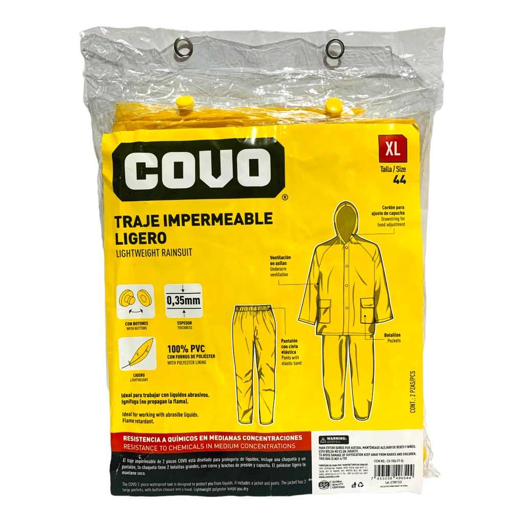TRAJE IMPERMEABLE LIGERO 2 PIEZAS TALLA XL COVO