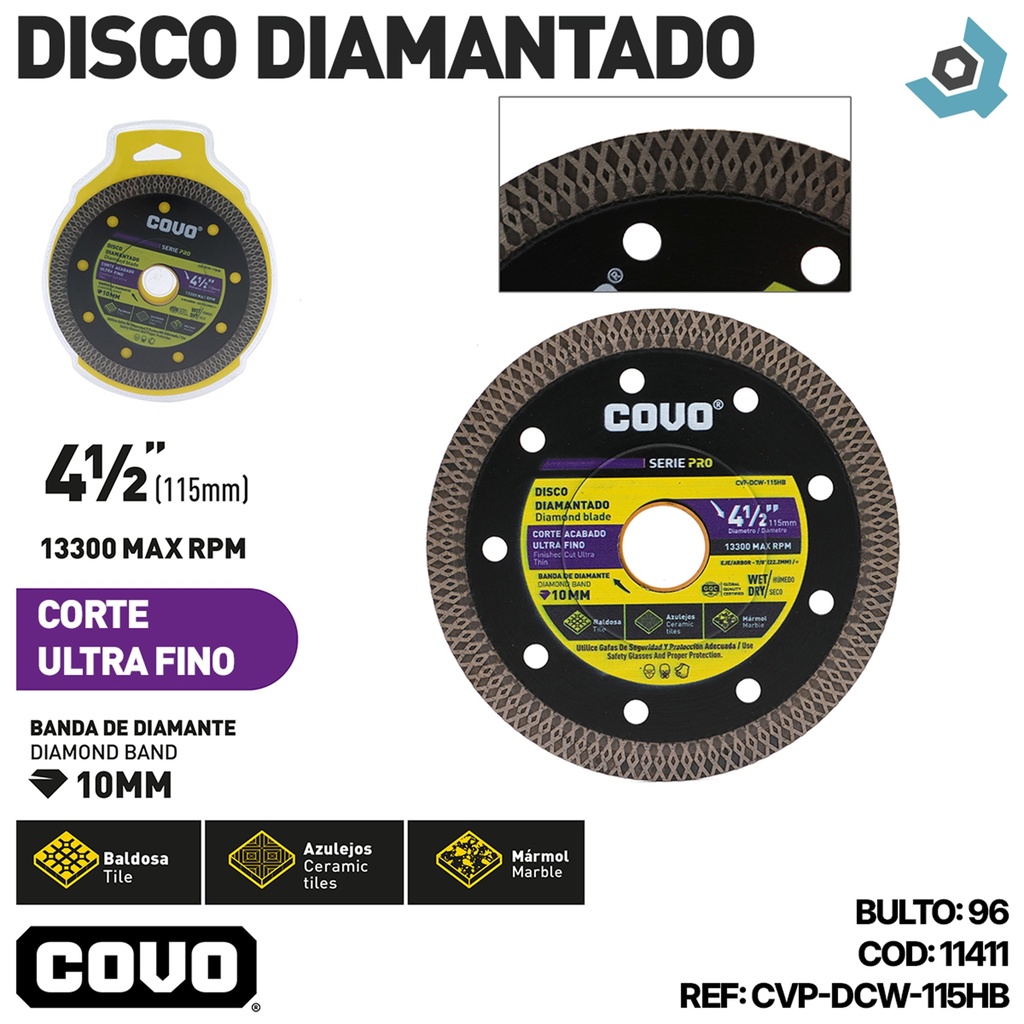 DISCO DIAMANTADO 4 1/2" CORTE ULTRA FINO COVO PRO