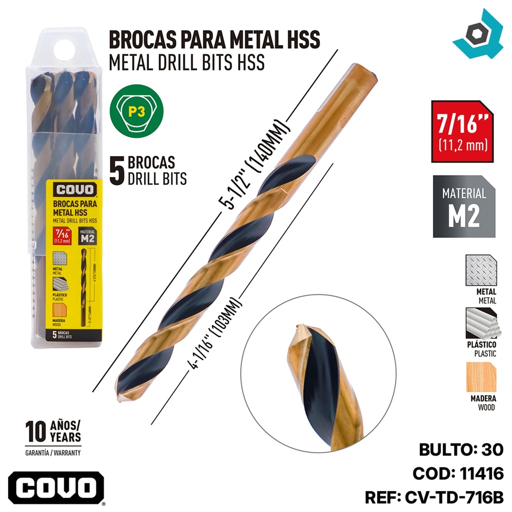 MECHAS PARA METAL 7/16" HSS 5 PIEZAS COVO