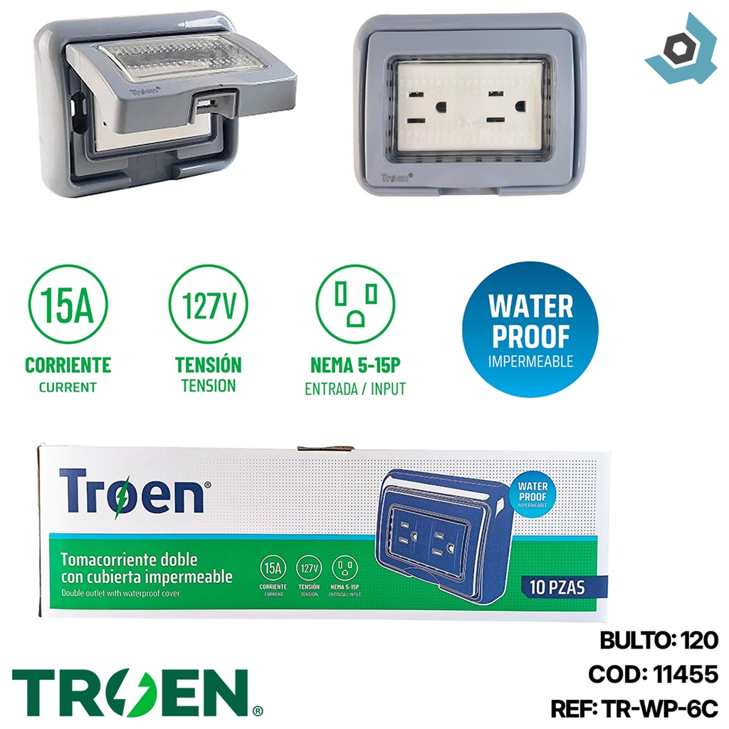 TOMACORRIENTE DOBLE CON CUBIERTA IMPERMEABLE 127/250V 15A TROEN