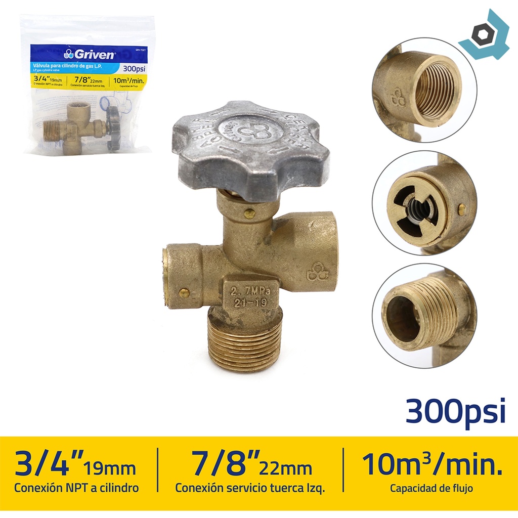 VALVULA PARA CILINDRO DE GAS L.P 3/4" 7/8" GRIVEN