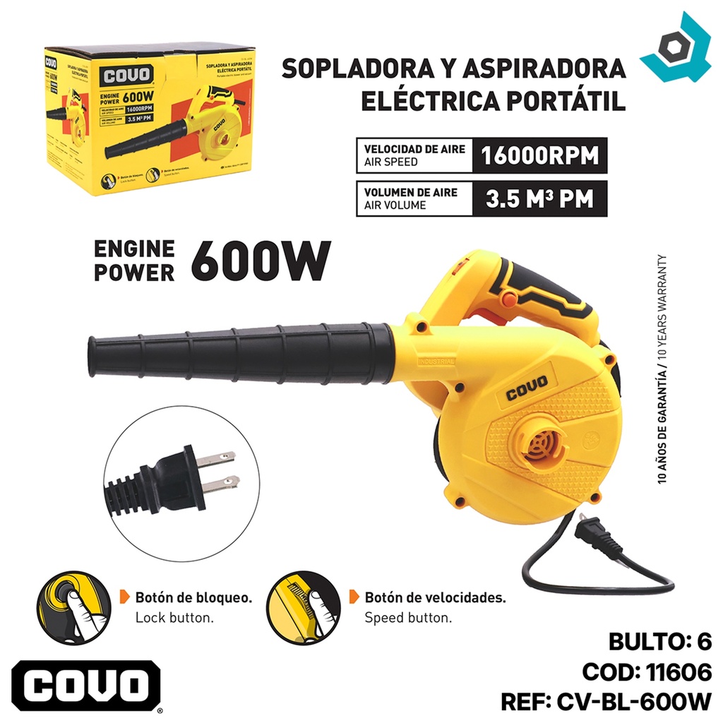 SOPLADORA Y ASPIRADORA ELECTRICA PORTATIL 600W COVO