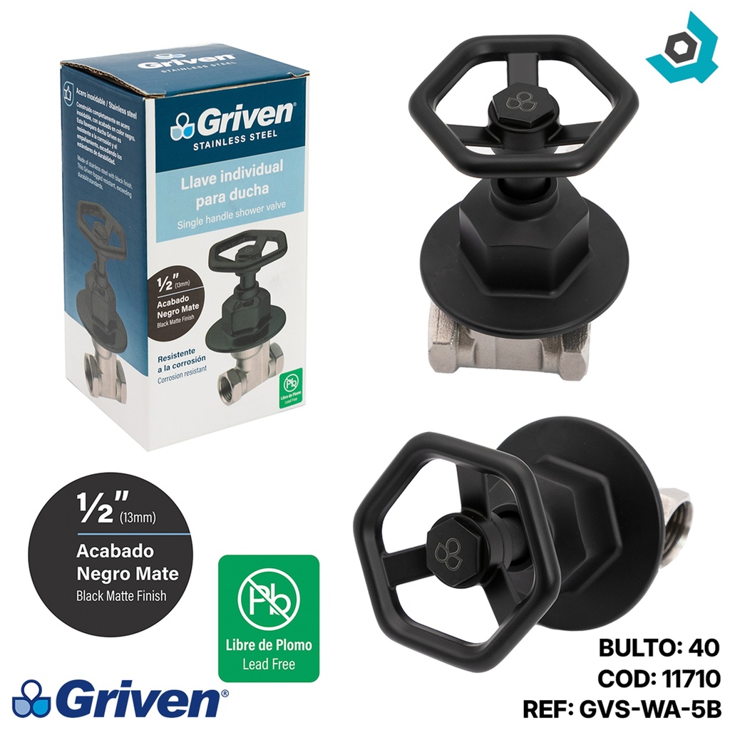 LLAVE PARA DUCHA 1/2" NEGRO MATE ACERO INOXIDABLE GRIVEN
