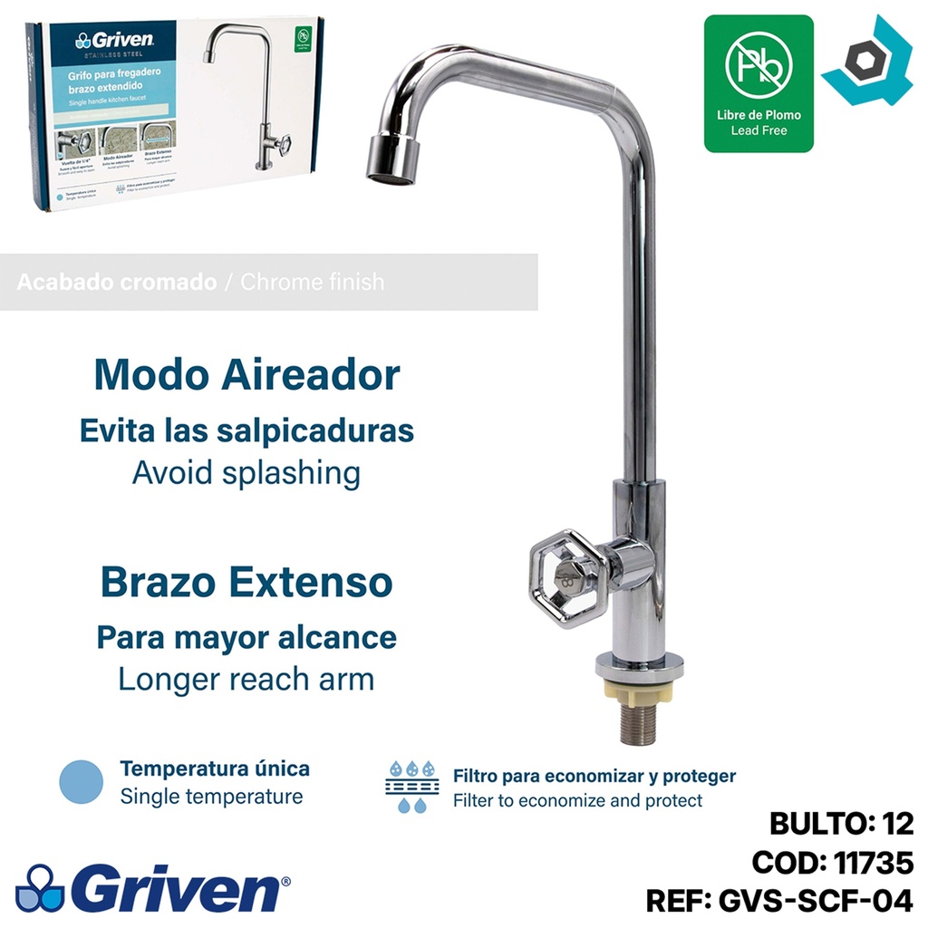 GRIFERIA PARA FREGADERO CROMADO ACERO INOXIDABLE GRIVEN
