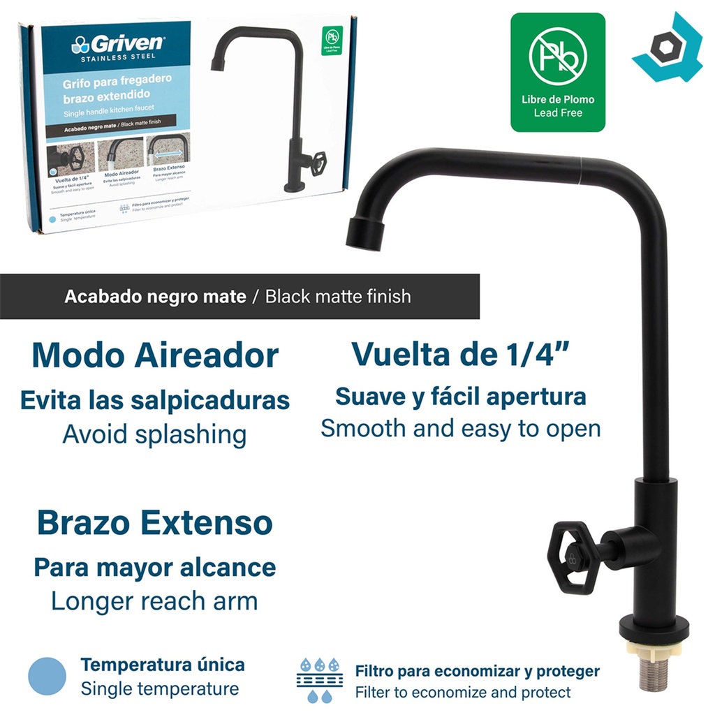 GRIFERIA PARA FREGADERO NEGRO MATE ACERO INOXIDABLE GRIVEN