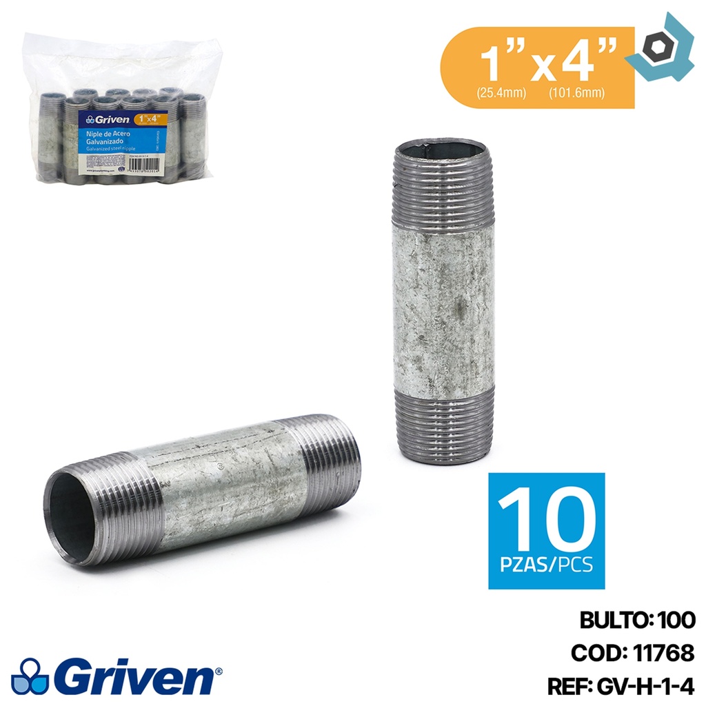 NIPLE 1" X 4" DE LARGO DE ACERO GALVANIZADO GRIVEN