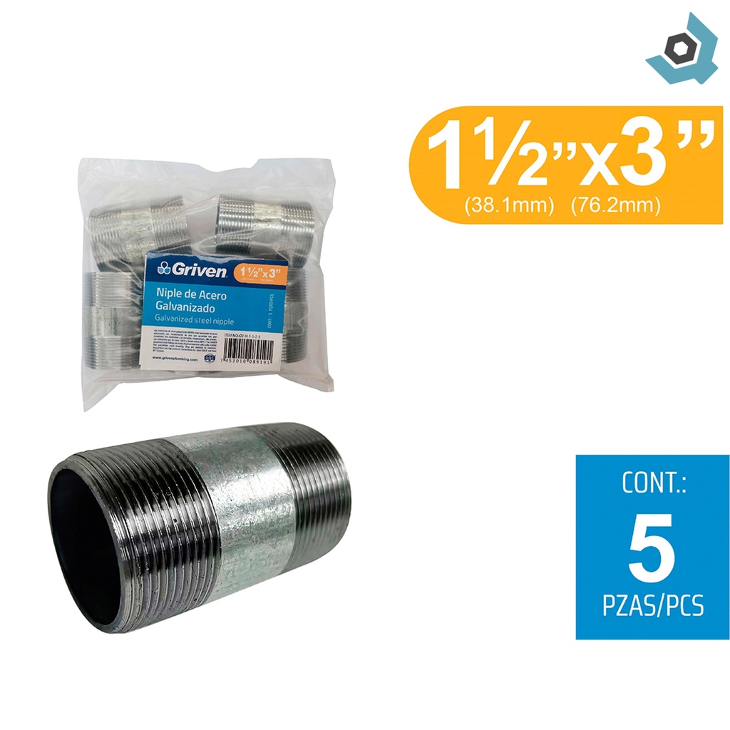 NIPLE 1 1/2" X 3" DE LARGO DE ACERO GALVANIZADO
