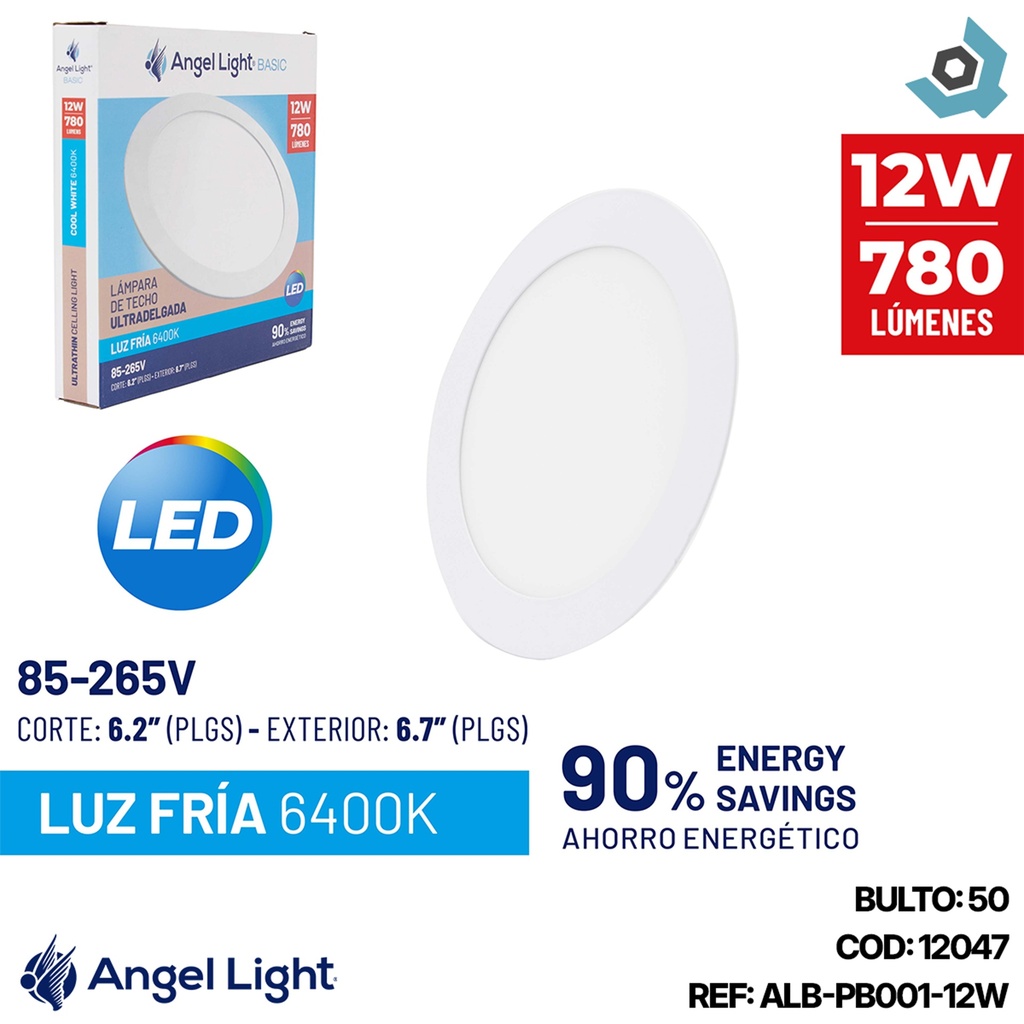 LAMPARA  LED PARA EMPOTRAR REDONDA 12W 6400K ANGEL LIGHT BASIC