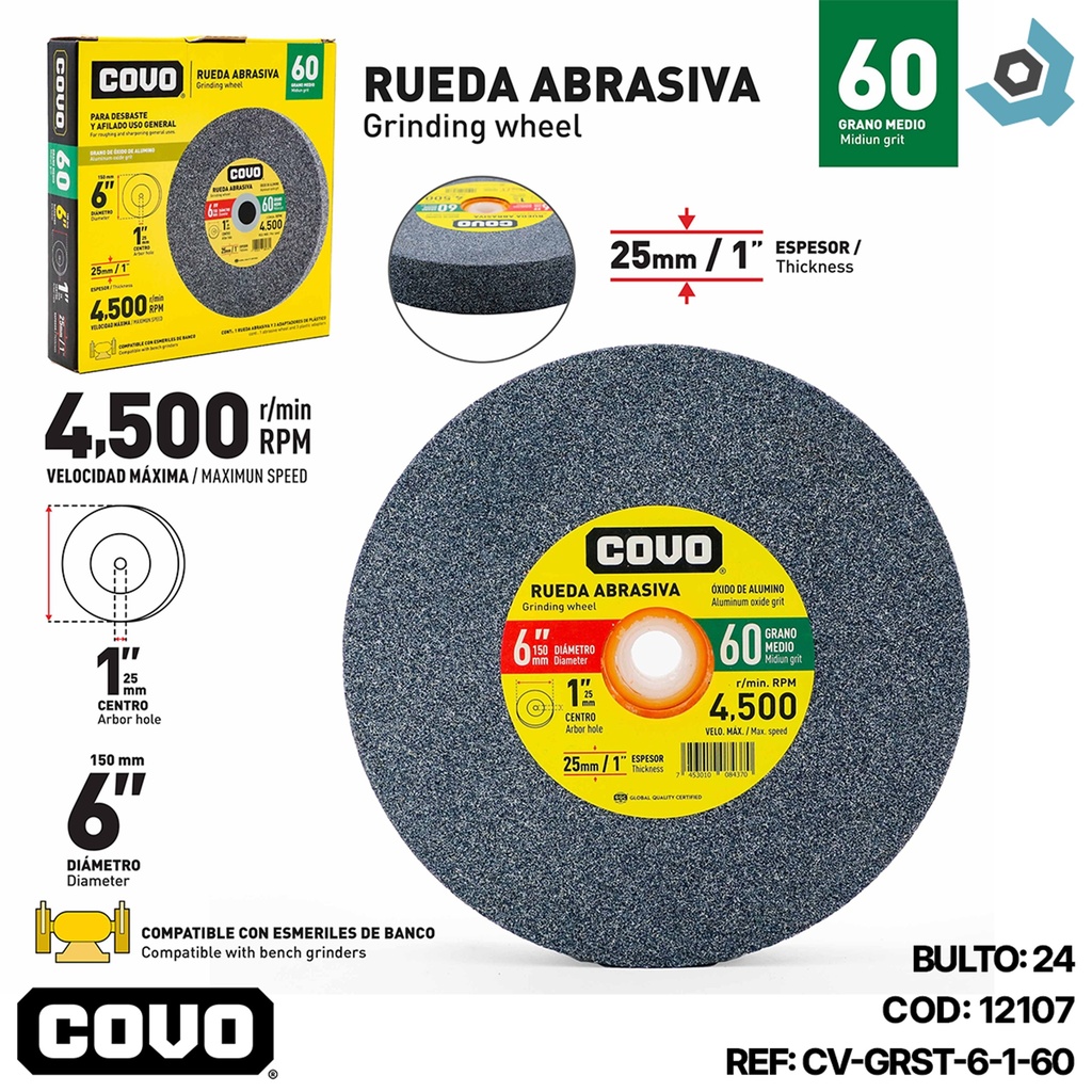 DISCO ABRASIVO PARA DESBASTE GRANO 60 X 6" X 25MM COVO