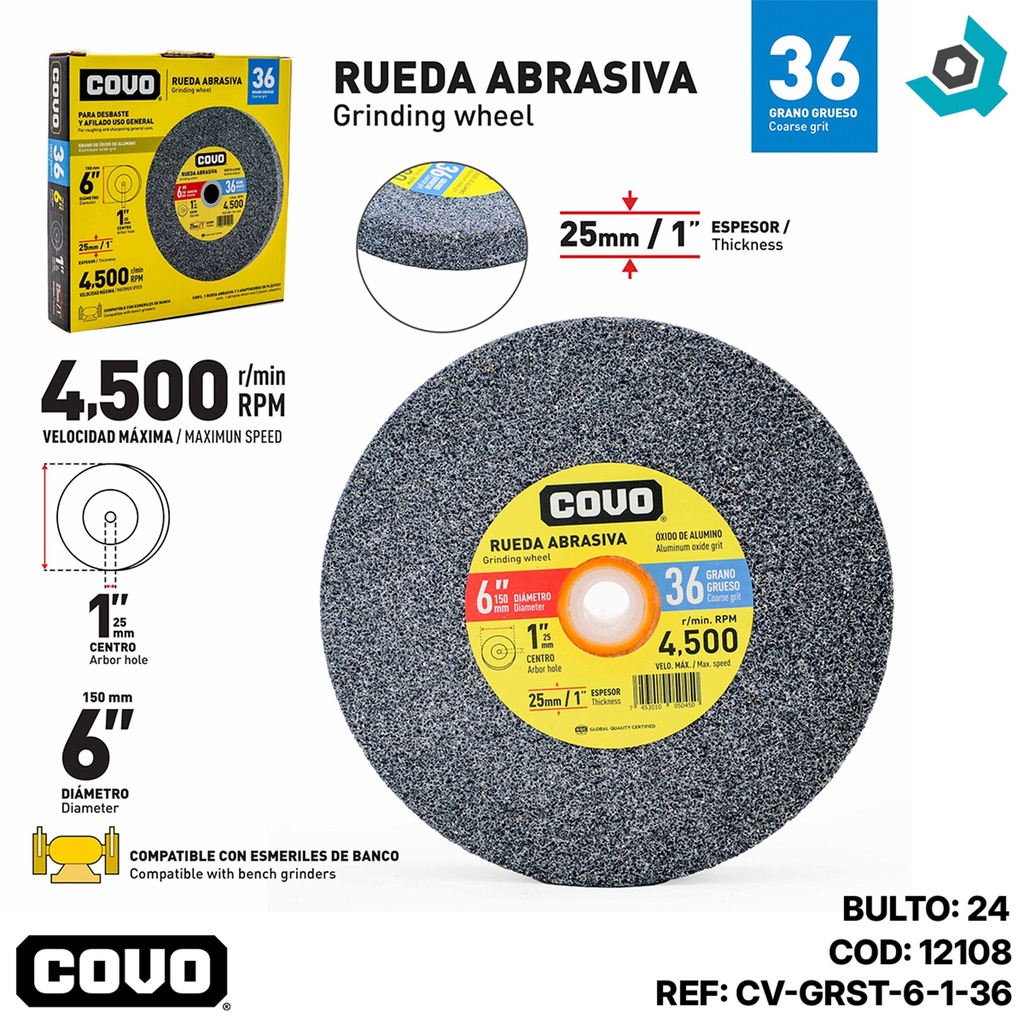 DISCO ABRASIVO PARA DESBASTE GRANO 36 X 6" X 25MM COVO
