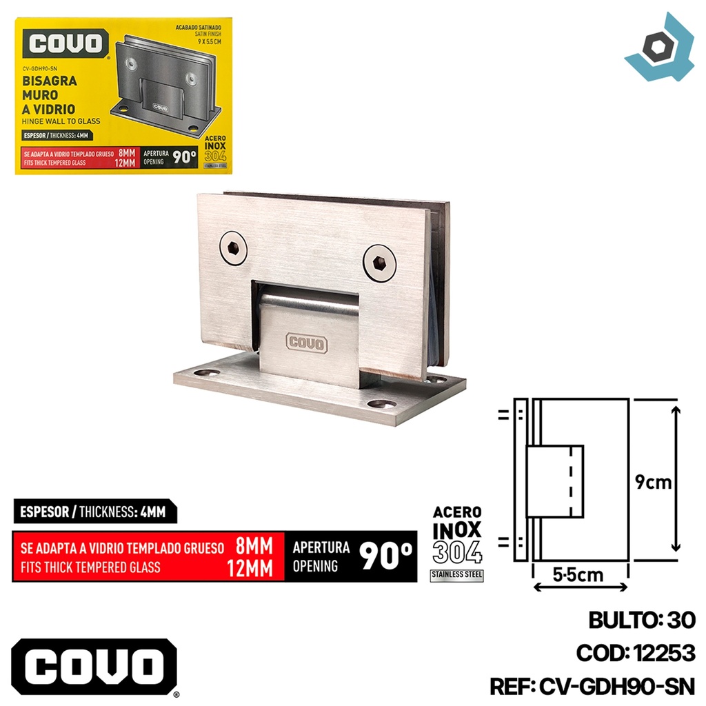 BISAGRA DE MURO A VIDRIO 9X5.5CM SATINADO COVO