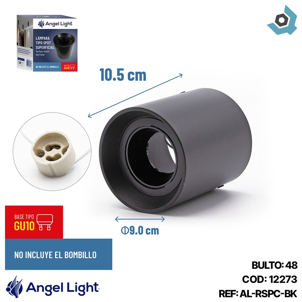 LAMPARA SPOT REDONDA SUPERFICIAL GU10 10.5CM NEGRO ANGEL LIGHT