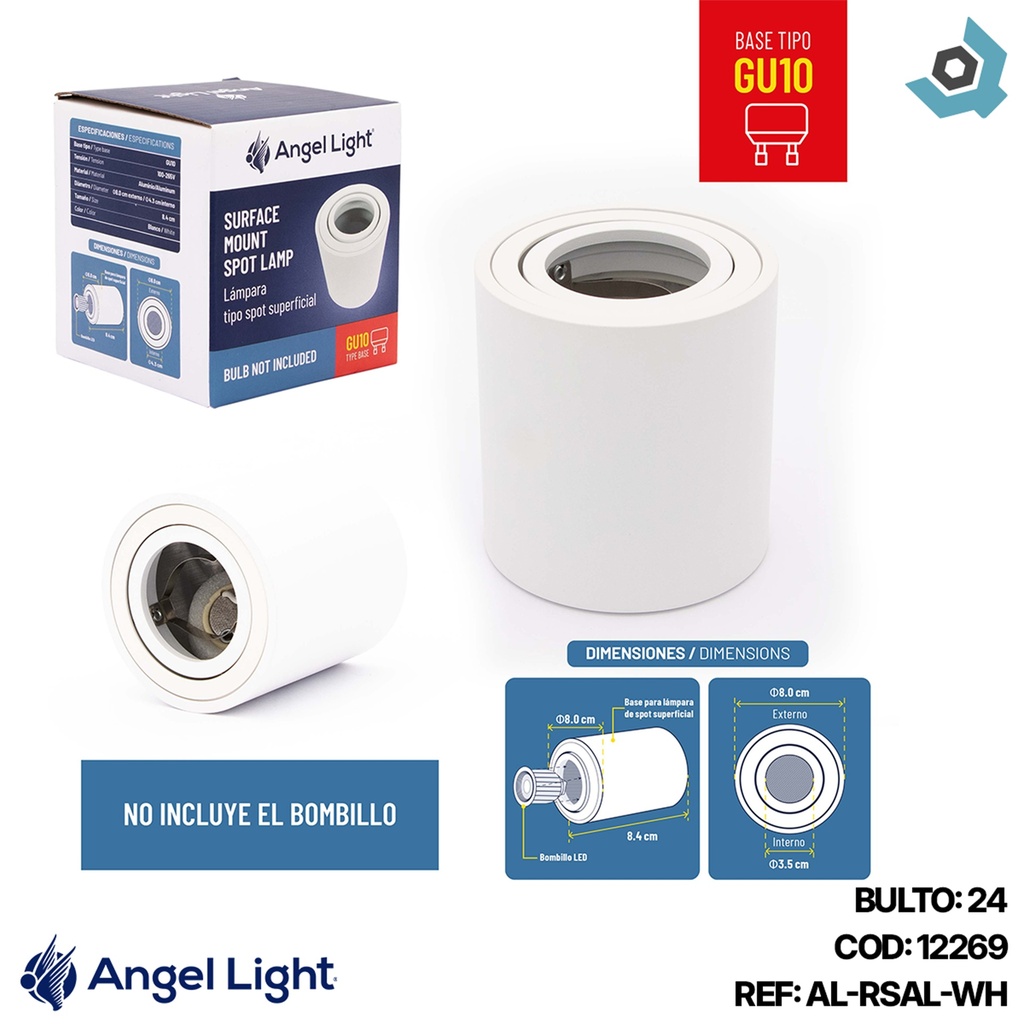 LAMPARA SPOT REDONDA SUPERFICIAL GU10 8.4CM BLANCO ANGEL LIGHT