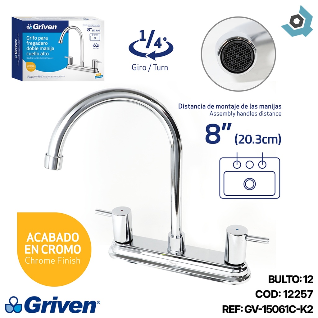 GRIFERIA PARA FREGADERO DOBLE MANIJA CUELLO ALTO GRIVEN
