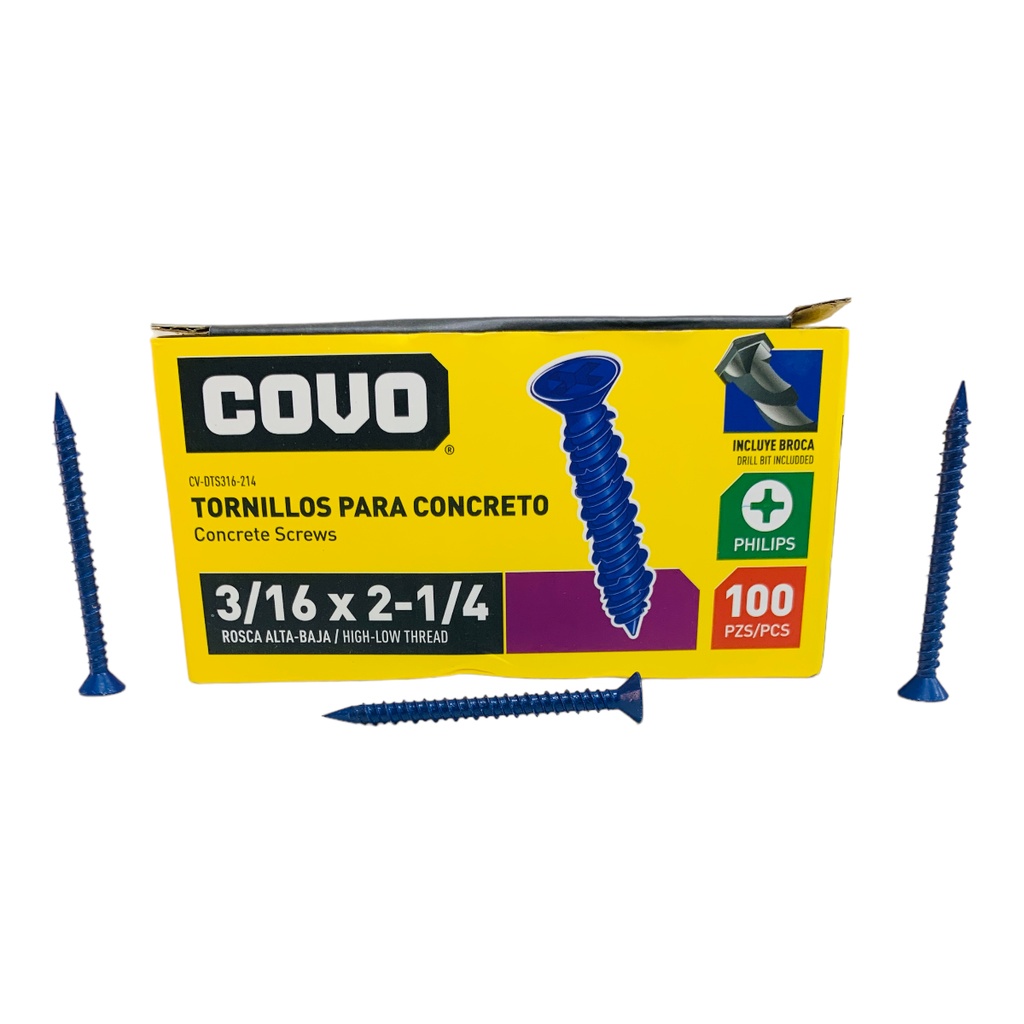 TORNILLOS PARA CONCRETO 3/16” X 2-1/4” 100 PZAS COVO