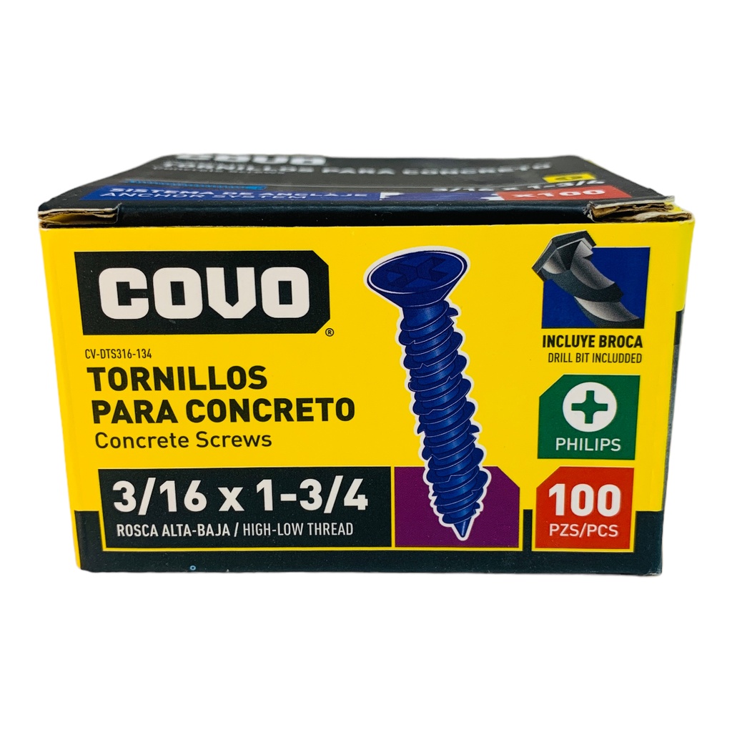 TORNILLOS PARA CONCRETO 3/16" X 1-3/4" 100 PZAS COVO