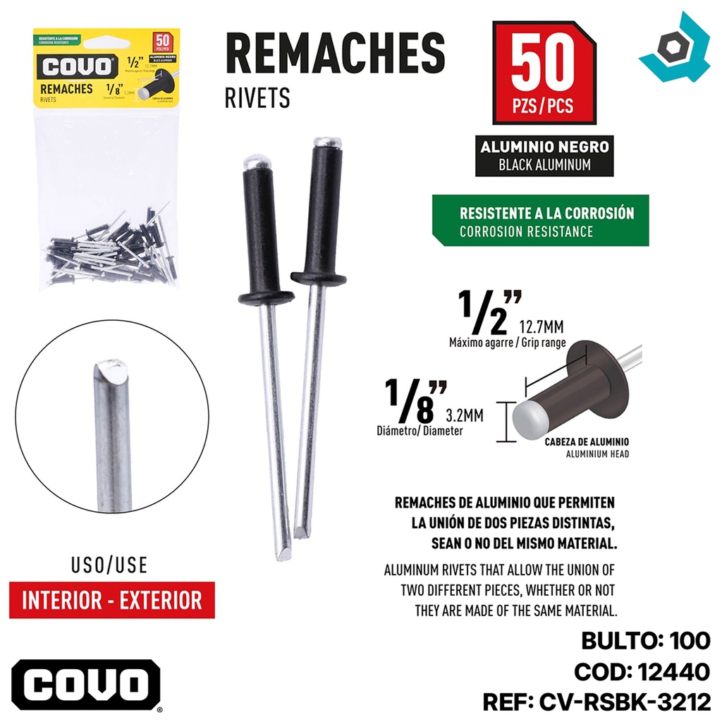 REMACHE 1/8" X 1/2" ALUMINIO NEGRO 50 PIEZAS COVO