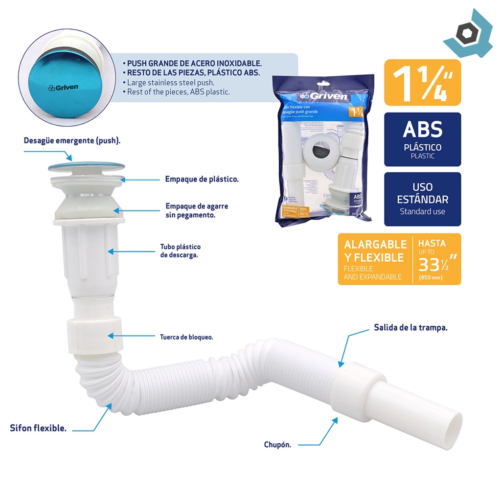 SIFON FLEXIBLE CON DESAGUE PUSH GRANDE 1 1/4" GRIVEN