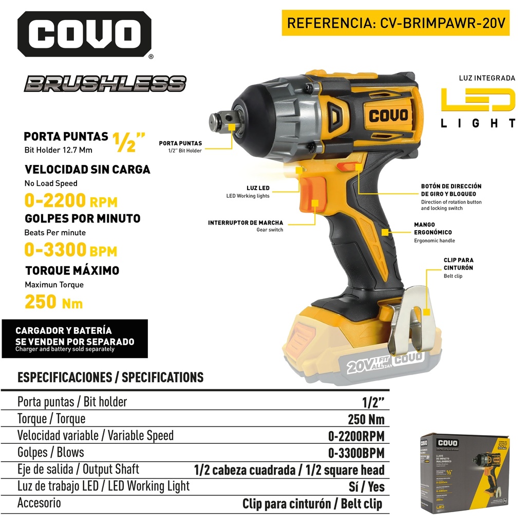 LLAVE DE IMPACTO INALAMBRICO BRUSHLESS 20V COVO