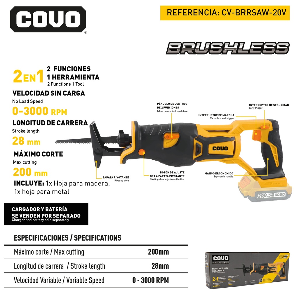 SIERRA SABLE RECIPROCA INALAMBRICA BRUSHLESS 20V COVO