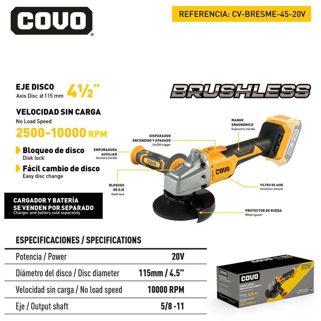 ESMERIL INALAMBRICO 4 1/2" BRUSHLESS 20V COVO