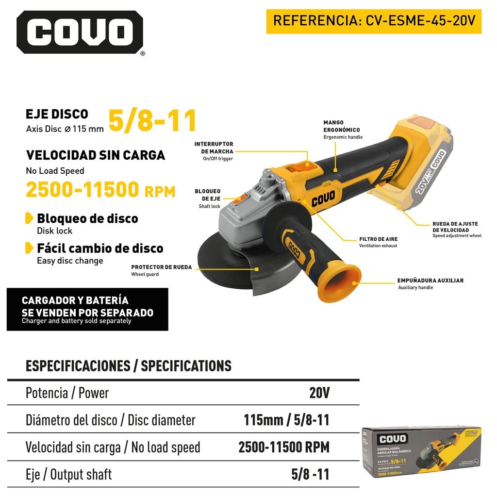 ESMERIL INALAMABRICO 5/8-11 20V  COVO